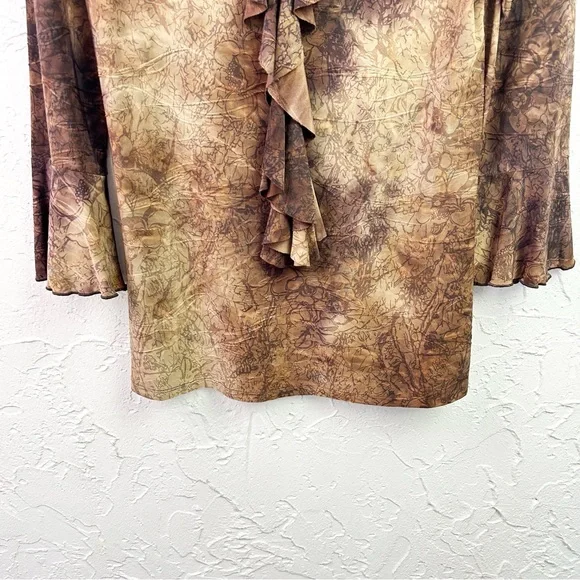 Vintage y2k Brown Tan Floral Ruffle V-neck Boho Fairy Whimsy Goth Blouse Small - Picture 3 of 8